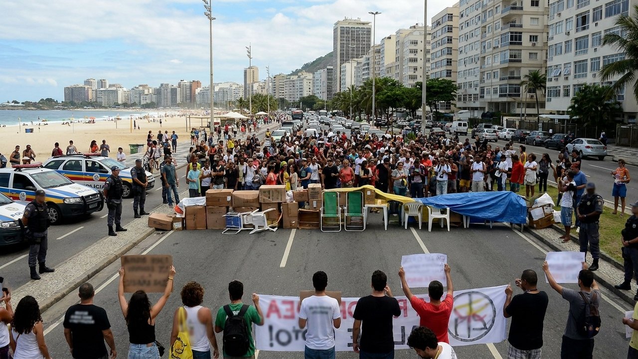 Camelôs fecham duas pistas da Avenida Atlântica em protesto contra operação Tolerância Zero na Zona Sul