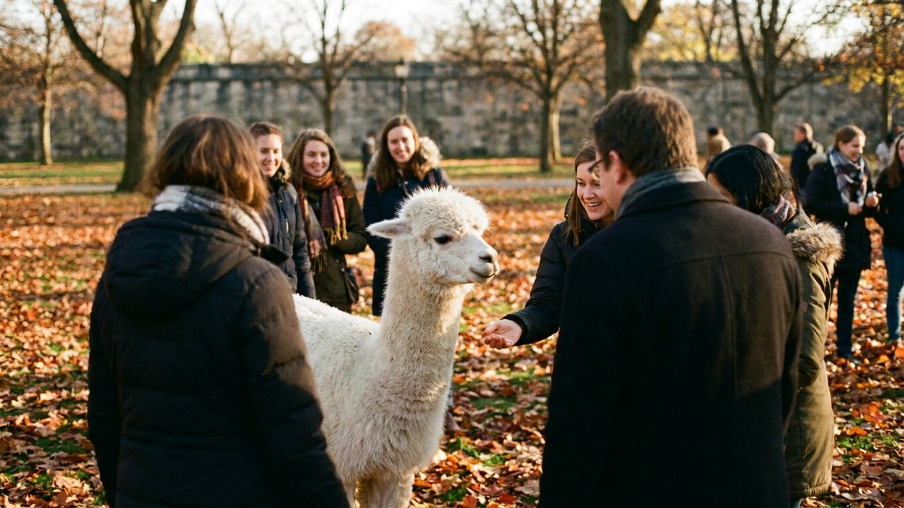Alpaca branquinha se destaca em cenário de outono