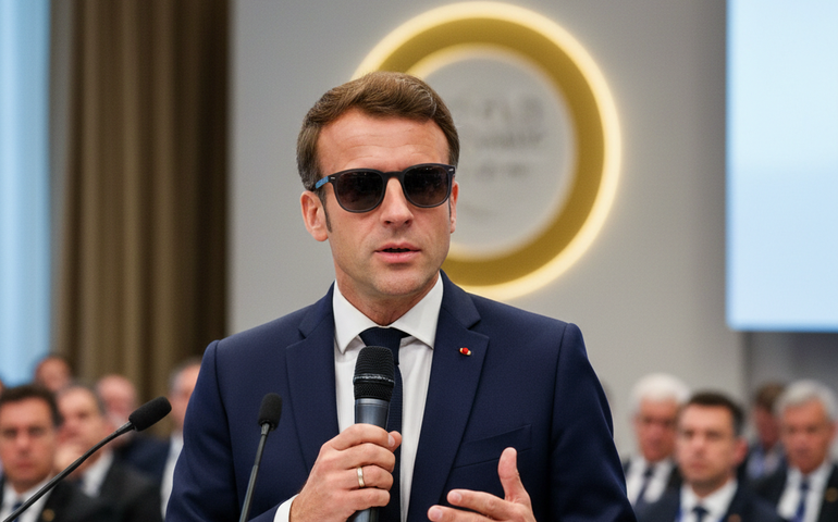 Macron discursa no Fórum Econômico Mundial em Davos usando óculos escuros