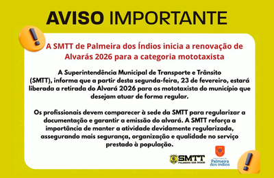 SMTT de Palmeira dos Índios inicia renovação de alvarás 2026 para mototaxistas