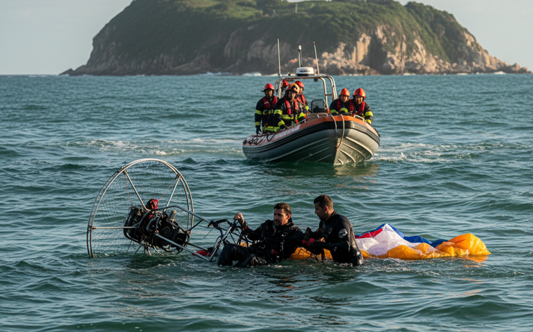 Piloto é resgatado após queda de paramotor no mar em São Vicente
