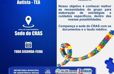 Cras de Major Izidoro cadastra pessoas com Transtorno do Espectro Autista 