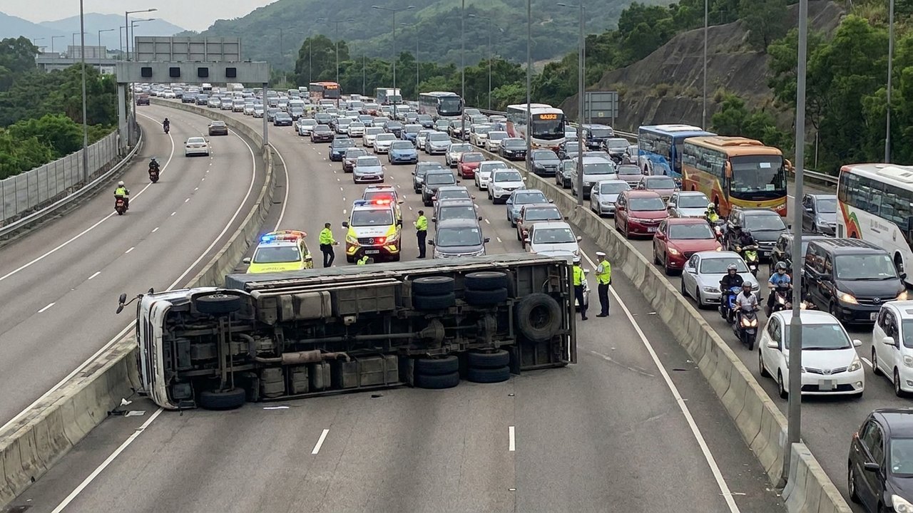 Caminhão tomba na Linha Amarela e provoca congestionamento no sentido Barra da Tijuca