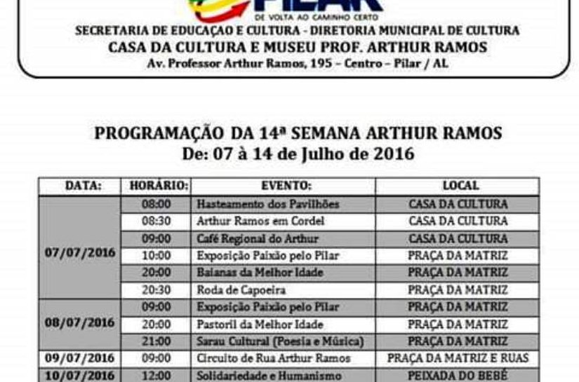 Diretoria de Cultura de Pilar promove até dia 14 a 13ª Semana Arthur Ramos