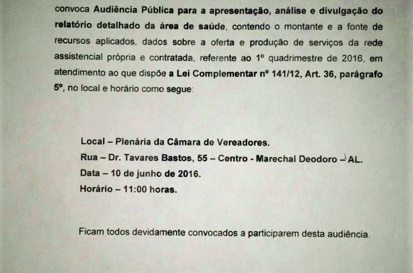 SMS faz audiência para prestação de contas do 1º quadrimestre/2016