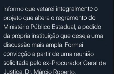 Governador anuncia que vai vetar projeto de lei que modifica estrutura do MPE