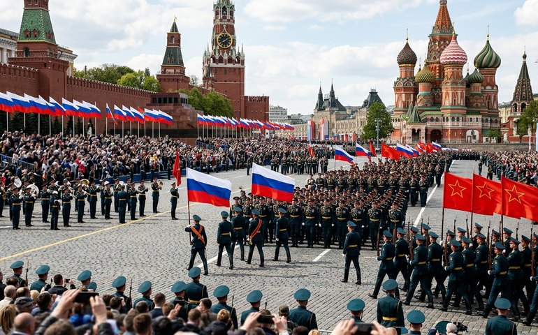 Bandeiras da Rússia e da Vitória são exibidas na Praça Vermelha