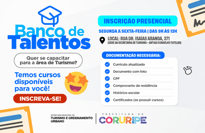 Prefeitura de Coruripe abre inscrições para Banco de Talentos voltado ao setor de Turismo