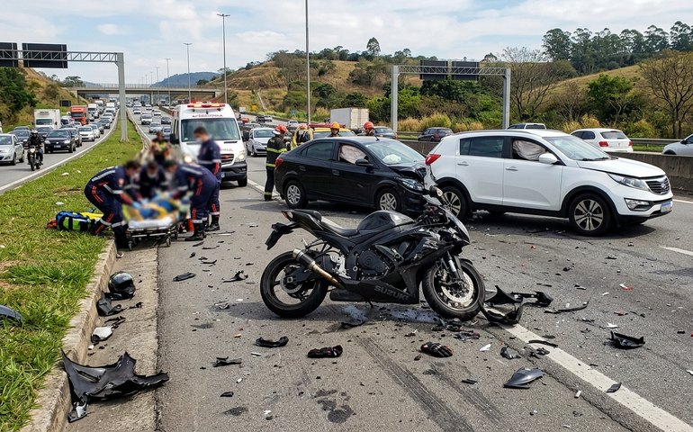 Engavetamento seguido de capotamento deixa motociclista gravemente ferido na rodovia dos Bandeirantes