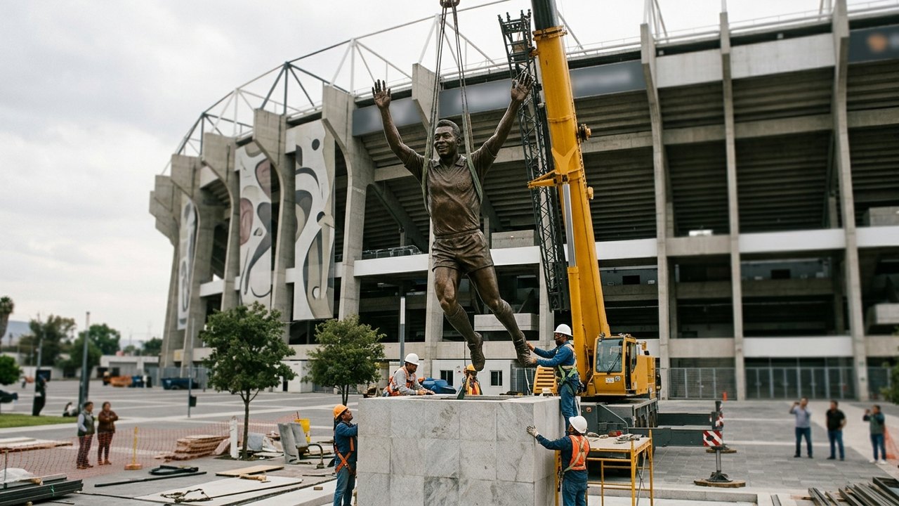 Estátua de Pelé com quase 10 metros de altura é instalada em frente a estádio no México