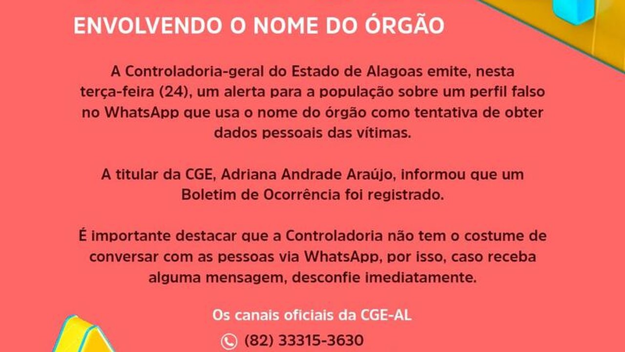 Controladoria emite alerta para golpe usando o nome do órgão