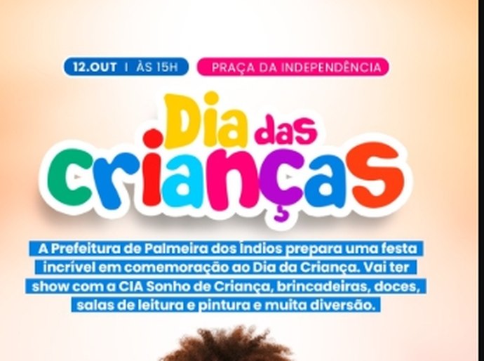 Festa em homenagem às crianças palmeirenses será neste domingo (12) na Praça da Independência