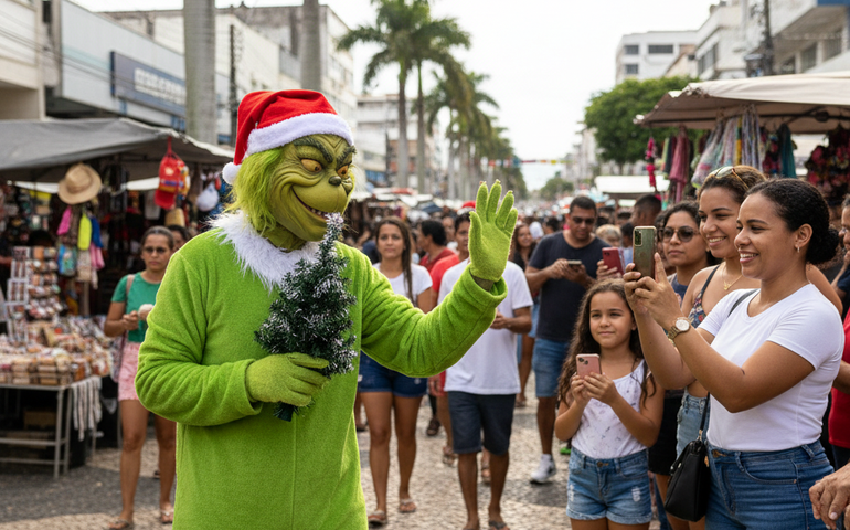 O Natal é dela! Conheça a Grinch Carioca que virou atração no calçadão de Campo Grande
