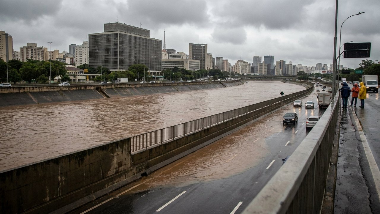 Rio Tietê sobe e fica perto de transbordar na cidade de São Paulo