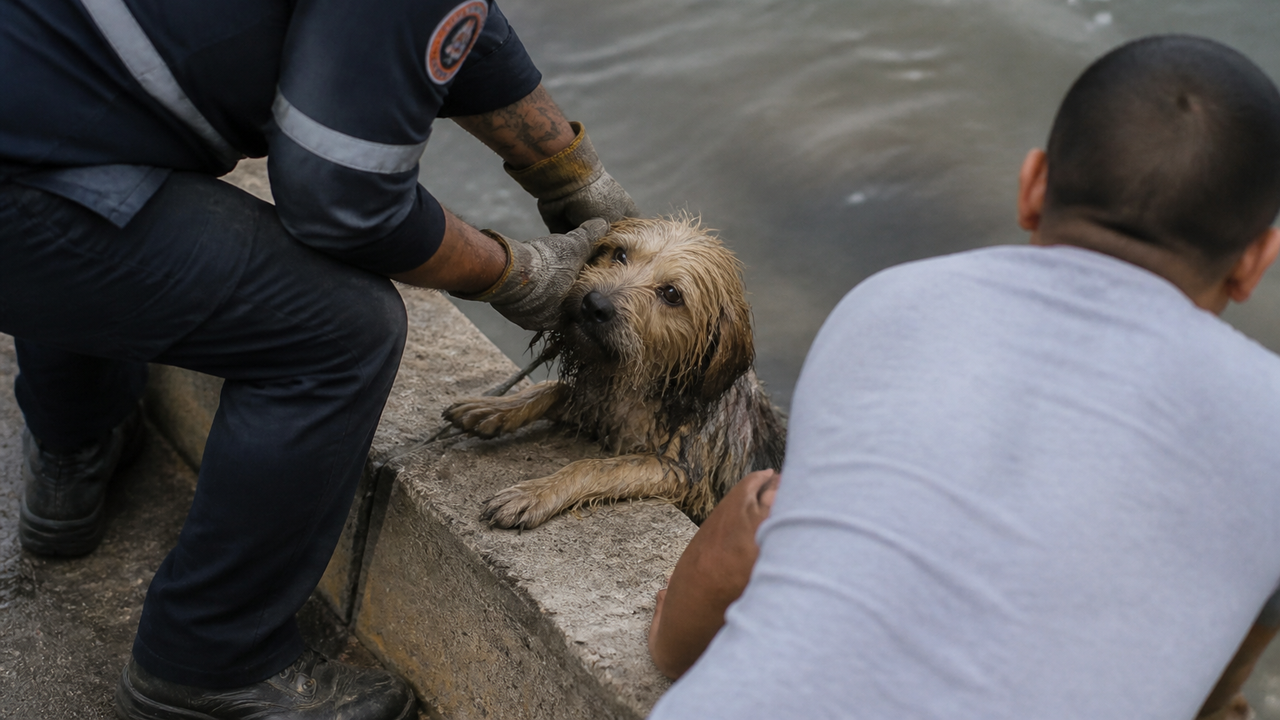 Ação conjunta salva cachorro que caiu em canal no México