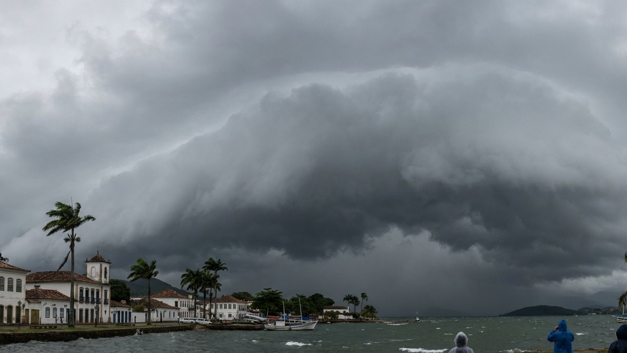 Nuvem impressionante se forma sobre Paraty em dia de alerta de ventos fortes no Rio
