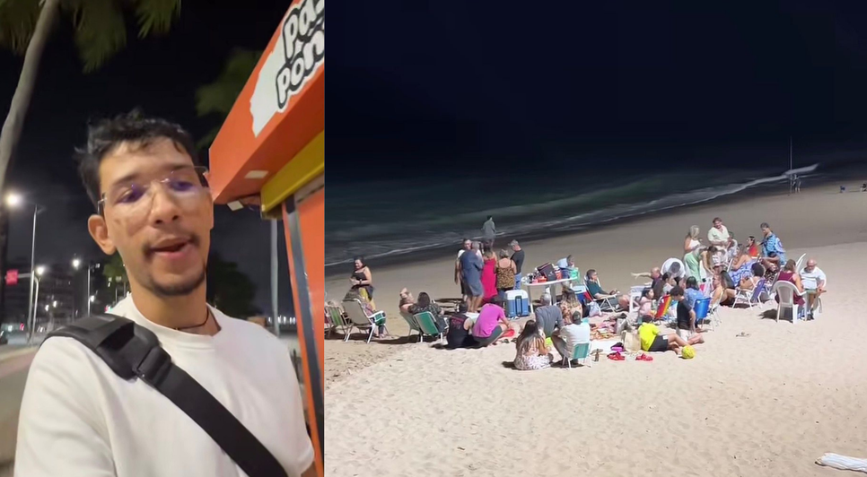 Influenciador Eloy registra movimentação e destaca segurança da praia após o anoitecer