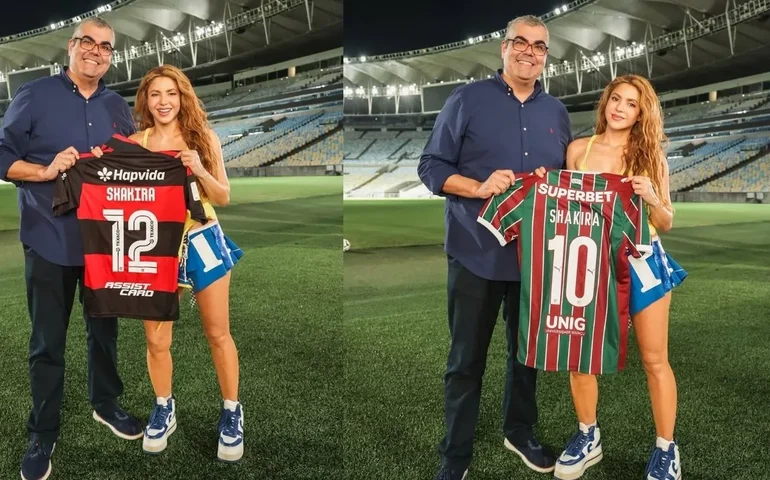 Shakira visita o Maracanã e posa com camisas de Flamengo e Fluminense