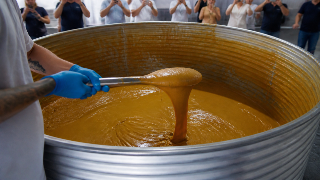 Viçosa produz lata gigante com 3,4 toneladas de doce de leite e tenta bater recorde