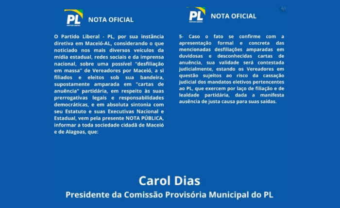 Nota oficial do PL em Maceió eleva tom contra possível debandada