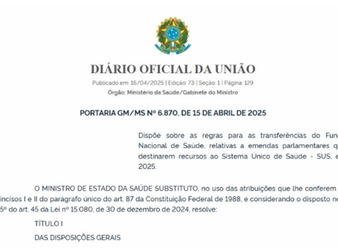 Nova portaria do Ministério da Saúde exige plano de trabalho detalhado para liberação de emendas parlamentares