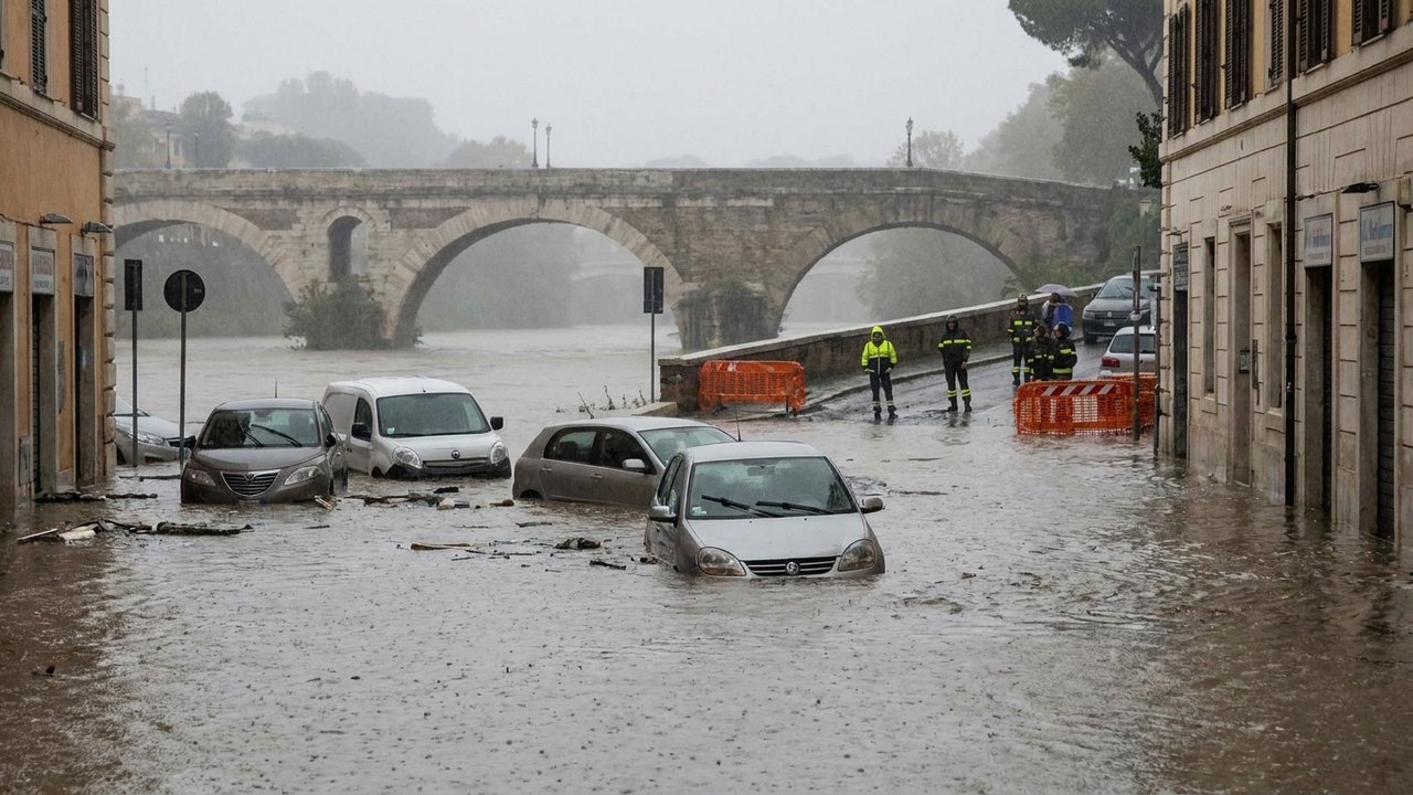 Roma inundada: carros presos perto da ponte Mílvia