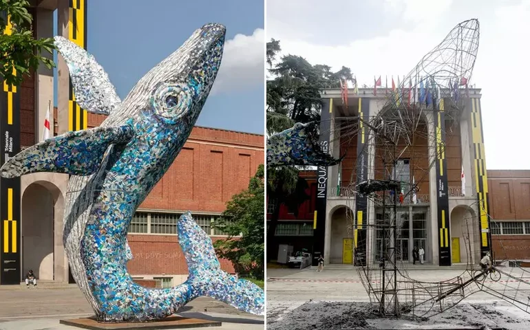 Homem é preso após incendiar escultura de baleia em Milão