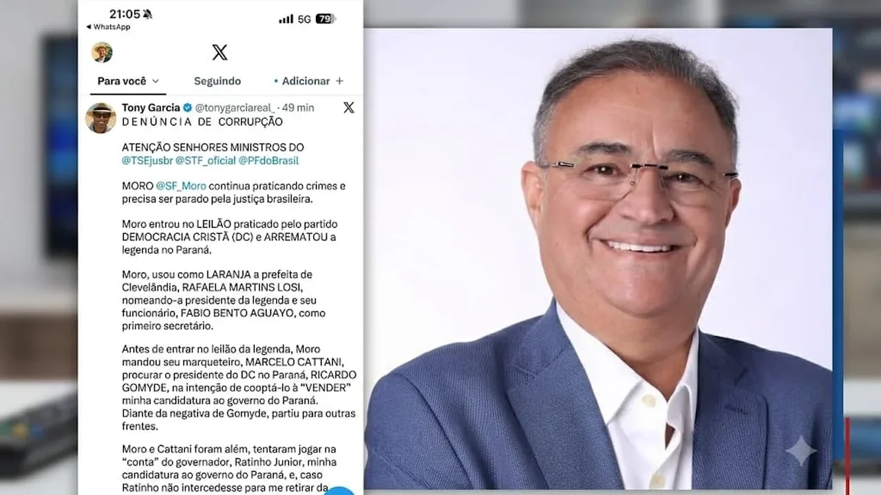 Ex-deputado Tony Garcia denuncia suposto “leilão” do DC de João Caldas para entregar legenda a Sergio Moro no Paraná