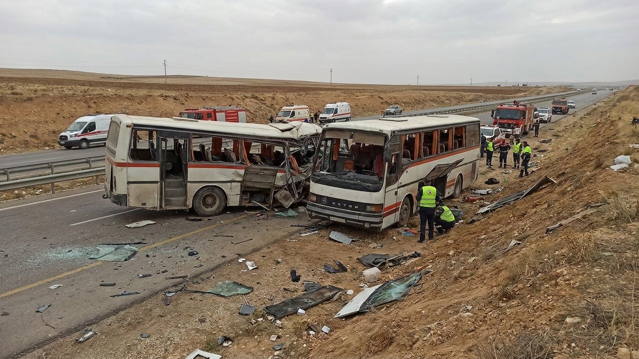 Tragédia em rodovia deixa 35 mortos após colisão entre 2 ônibus na Síria