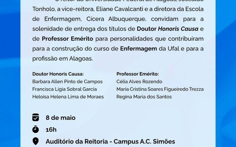 Ufal fará entrega de títulos Honoris Causa e de Professora Emérita nesta 5ª