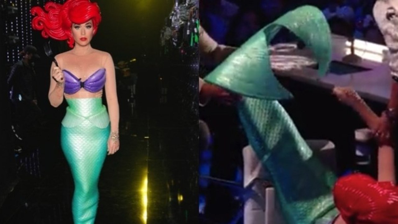 Vestida de sereia, Katy Perry cai da cadeira em ‘American Idol’