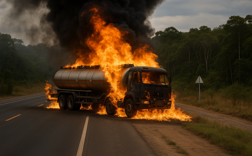 Caminhão-tanque pega fogo em rodovia próximo a reserva indígena