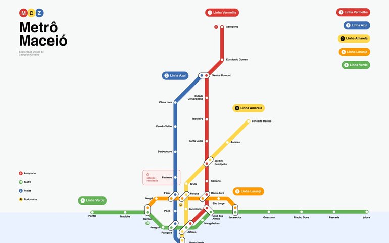 Designer imagina rota de metrô para Maceió; veja linhas e estações