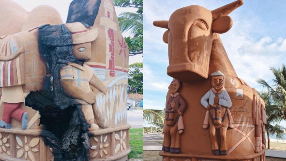 Vândalos depredam escultura Boi-Bumbá, patrimônio cultural do Estado