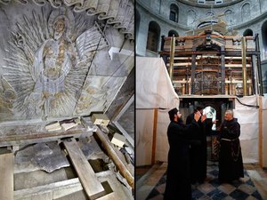 À direita, imagem mostra o interior da tumba onde Jesus Cristo foi sepultado. À esquerda, padres ortodoxos e franciscanos comemoram a abertura da edícula que protege a tumba, que estava fechada desde 1555. (Gali Tibbon/AFP) / Foto: Everton