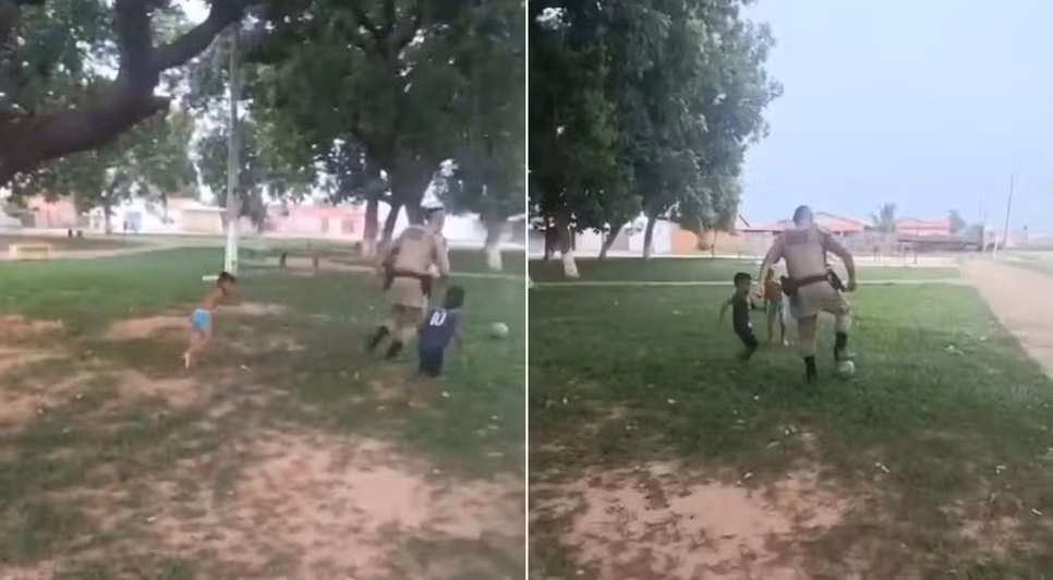 Tenente-coronel Paulo, de 43 anos, jogando futebol com as crianças. / Foto: Reprodução