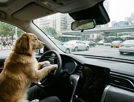 Cachorro 'assume o volante' em carro autônomo e atrai multidão na China