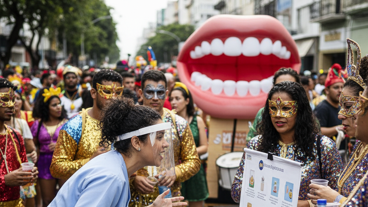Dentista orienta foliões sobre cuidados com a saúde bucal durante o carnaval
