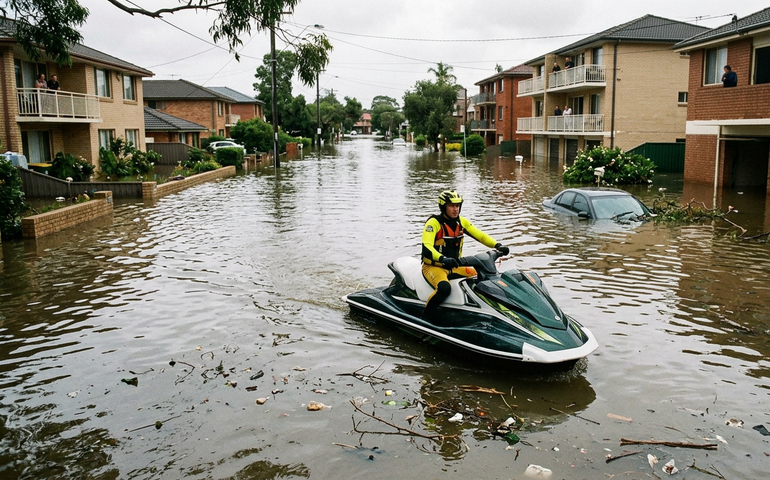 Enchentes severas levam morador a pilotar jet ski em rua alagada na Austrália