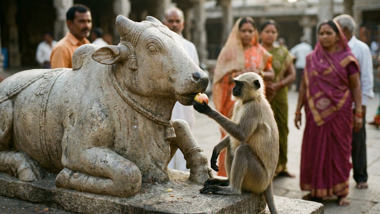 Macaco cuidador tentando alimentar estátua do boi divino Nandi encanta internautas na Índia