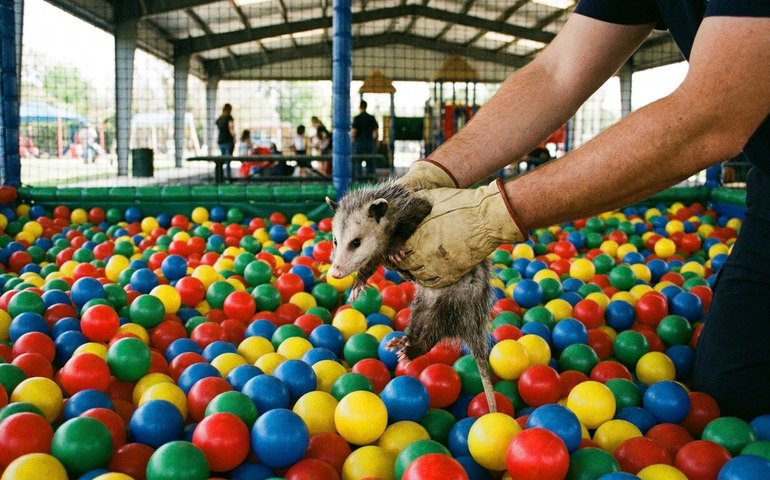 Gambá é resgatado em piscina de bolinhas de parque em Belo Horizonte