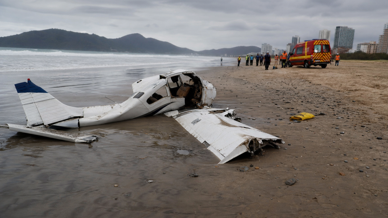 Avião de pequeno porte cai em praia de Santa Catarina; dois homens são resgatados