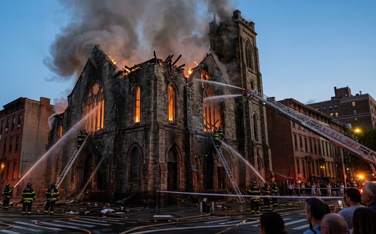 Incêndio de grandes proporções atinge igreja histórica em Nova York