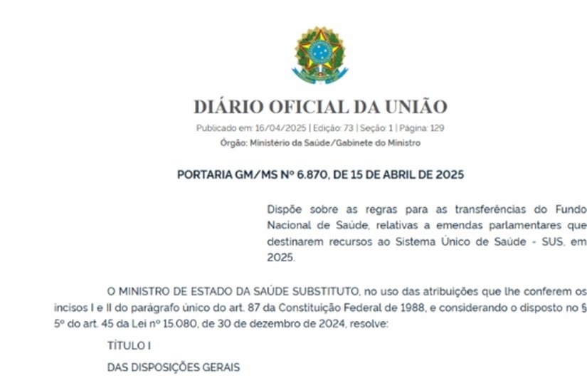 Nova portaria do Ministério da Saúde exige plano de trabalho detalhado para liberação de emendas parlamentares