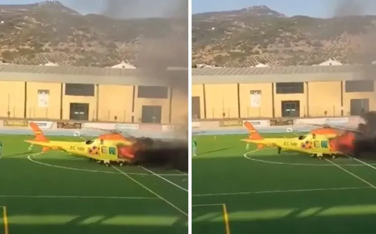 Na Espanha, 3 pessoas ficam feridas após helicóptero que transportava paciente pegar fogo