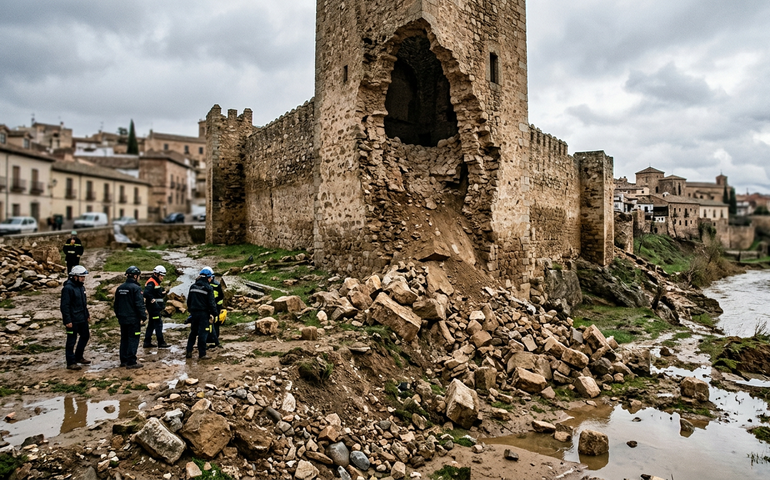 Castelo medieval em Escalona perde torre após fortes chuvas na Espanha