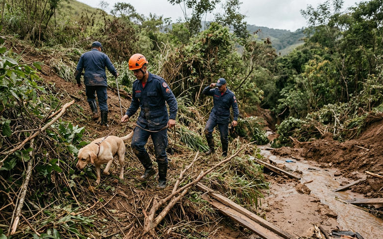 Bombeiros mantêm buscas por último desaparecido após temporal em Ubá