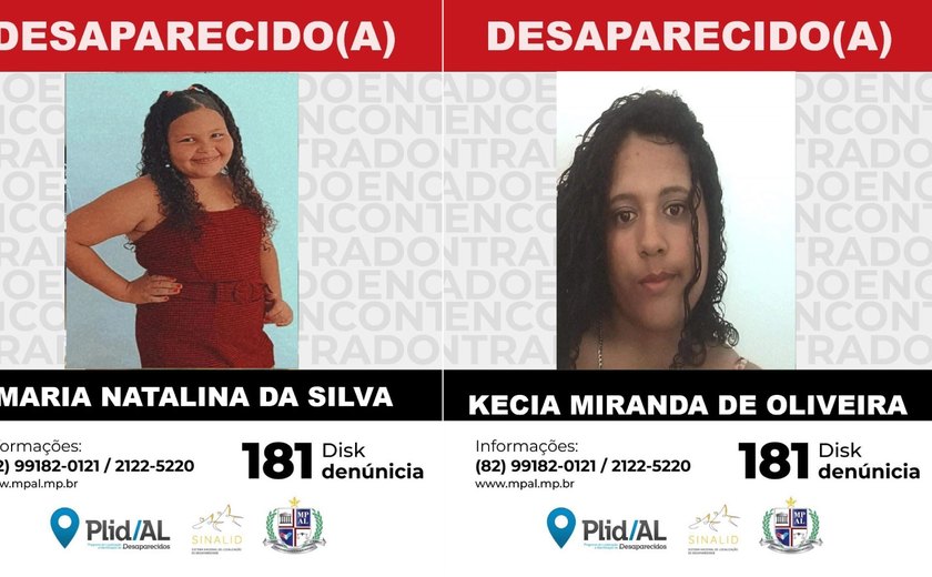 Plid tenta localizar criança de 11 anos e adolescente de 16 que podem ter sumido juntas