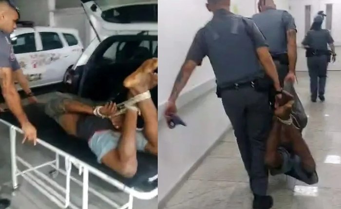 Policiais amarram homem durante abordagem em São Paulo Policiais amarram homem durante abordagem em São Paulo