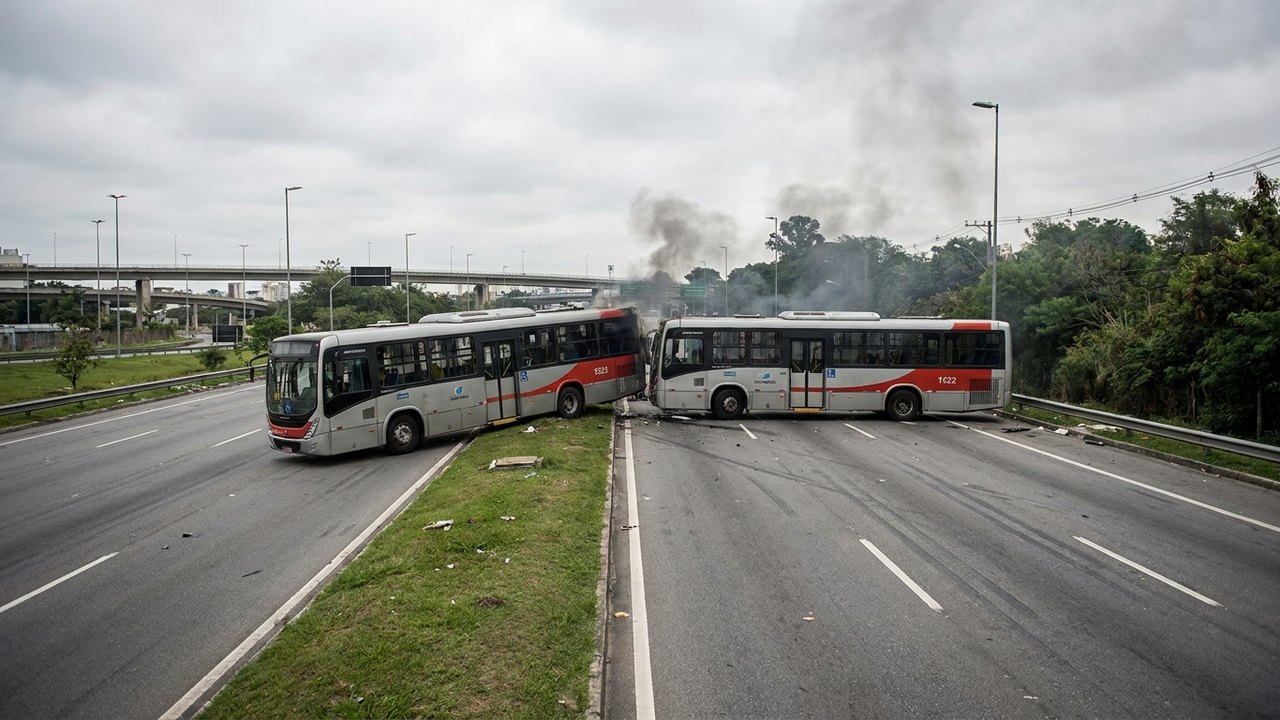 Durante operação da PM, criminosos usam ônibus como barricadas e fecham pista da Avenida Ayrton Senna